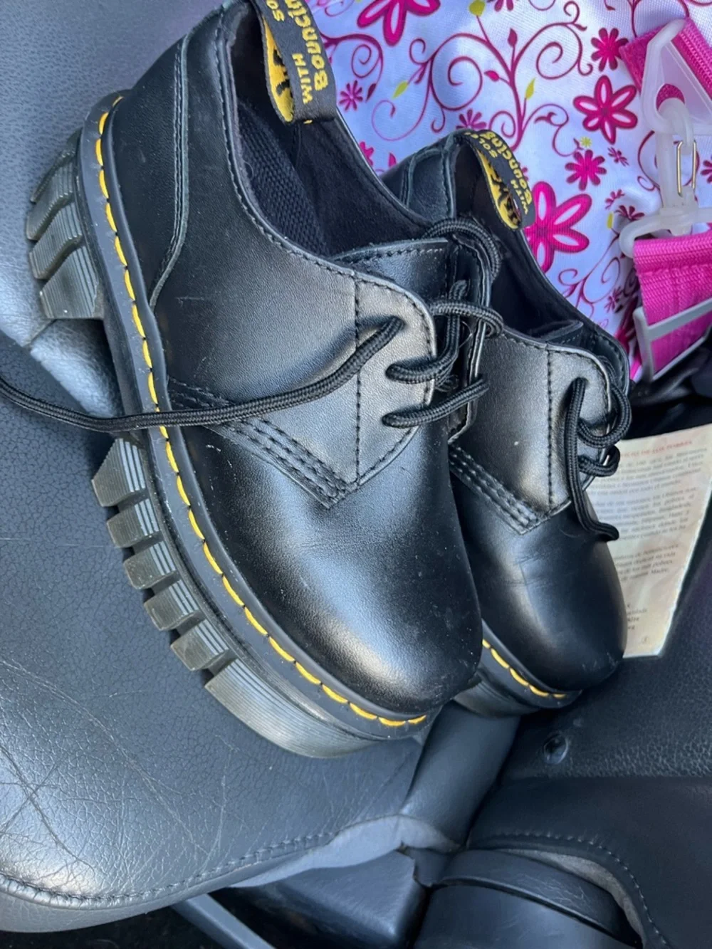Dr. Martens Kids Black Leather Moccasin Lace-Up Shoes with Yellow Stitching